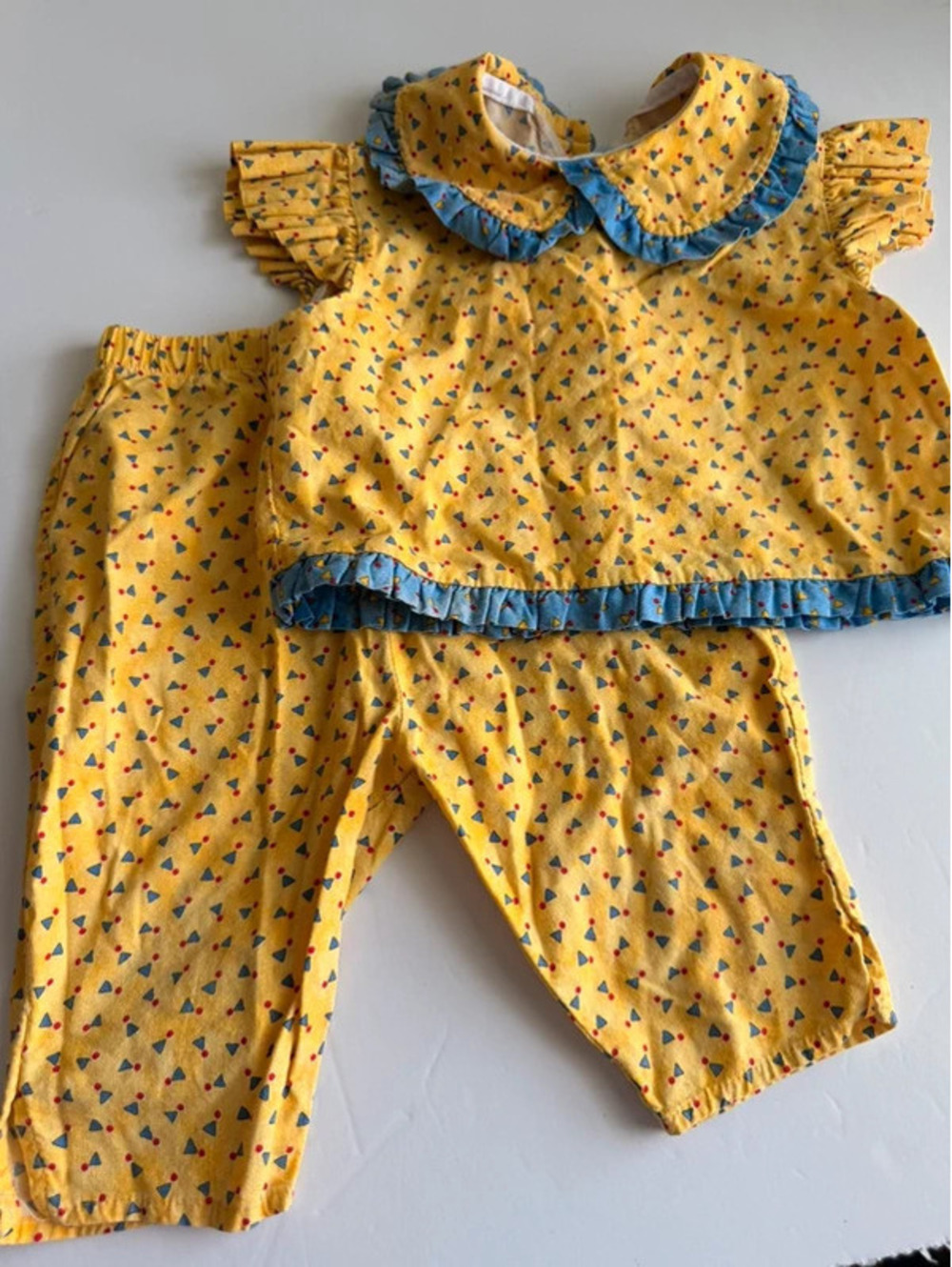 Vintage Chabré Yellow Geometric Ruffle Top and Pants Set